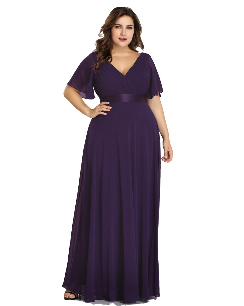Front of a model wearing a size 26 Long Chiffon Empire Waist Bridesmaid Dress with Short Flutter Sleeves in Dark Purple by Ever-Pretty. | dia_product_style_image_id:329506